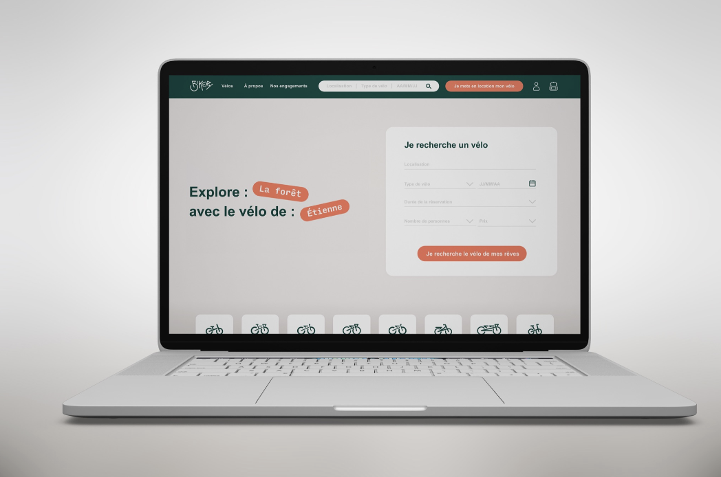 Site Bikery présenté sur un ordinateur portable : page d’accueil et recherche de vélos à louer.