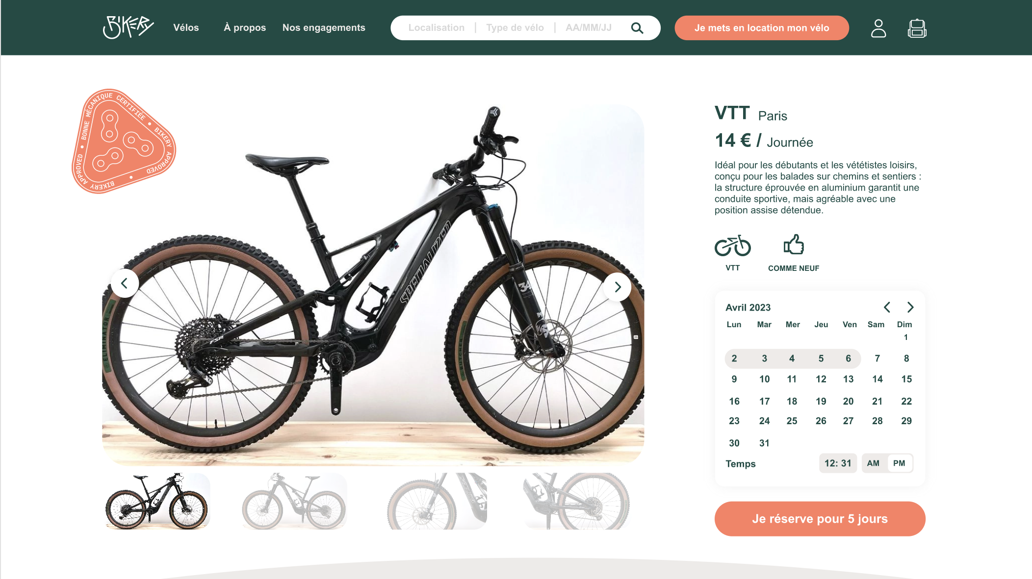 Interface web Bikery : fiche de location d’un VTT, prix, calendrier et réservation.