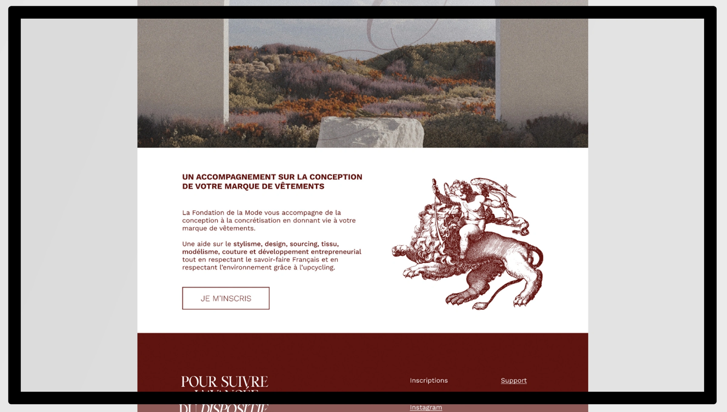 Site de la Fondation de la Mode présenté dans un écran, avec une gravure bordeaux.