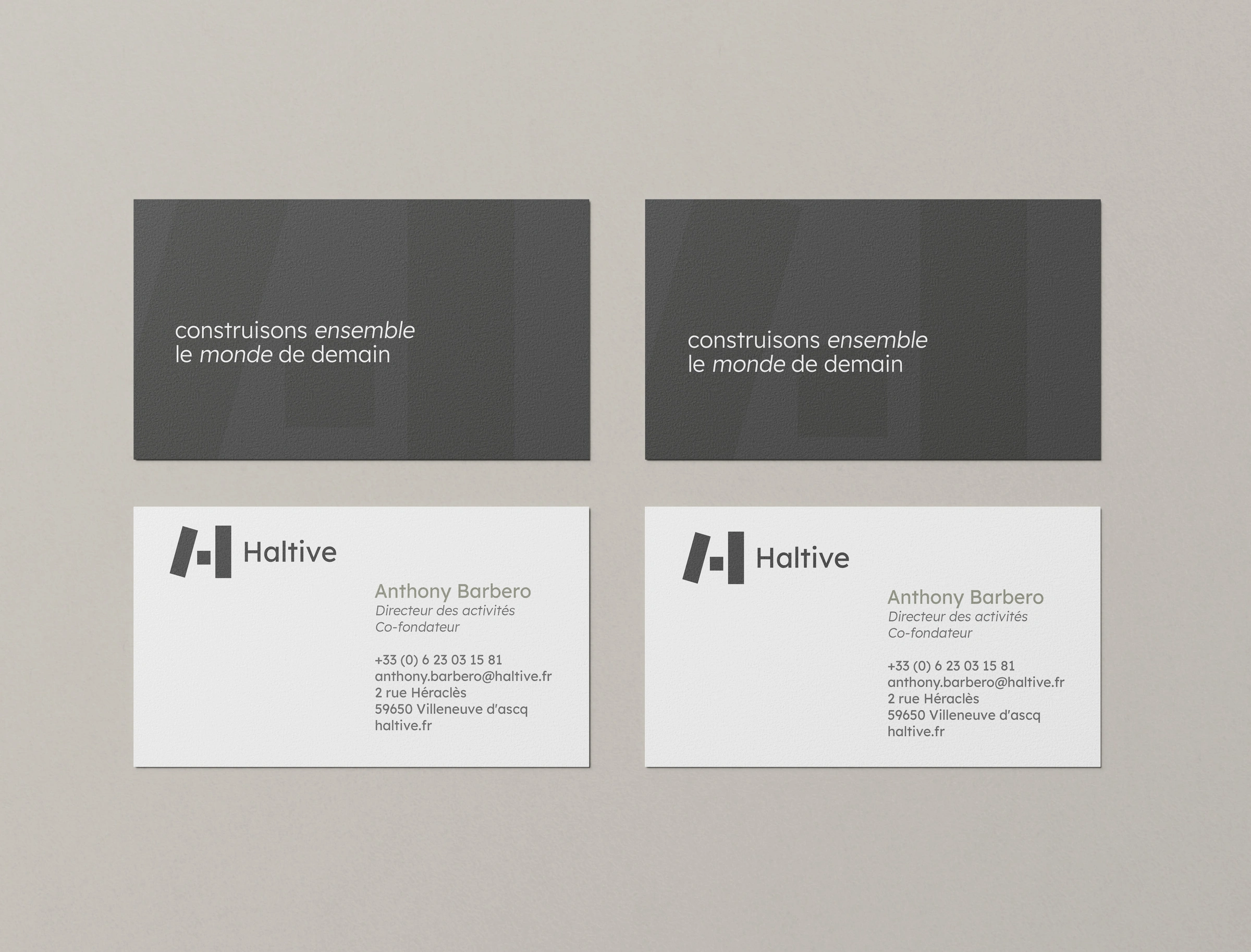 Cartes de visite Haltive, recto et verso, avec logo et signature.
