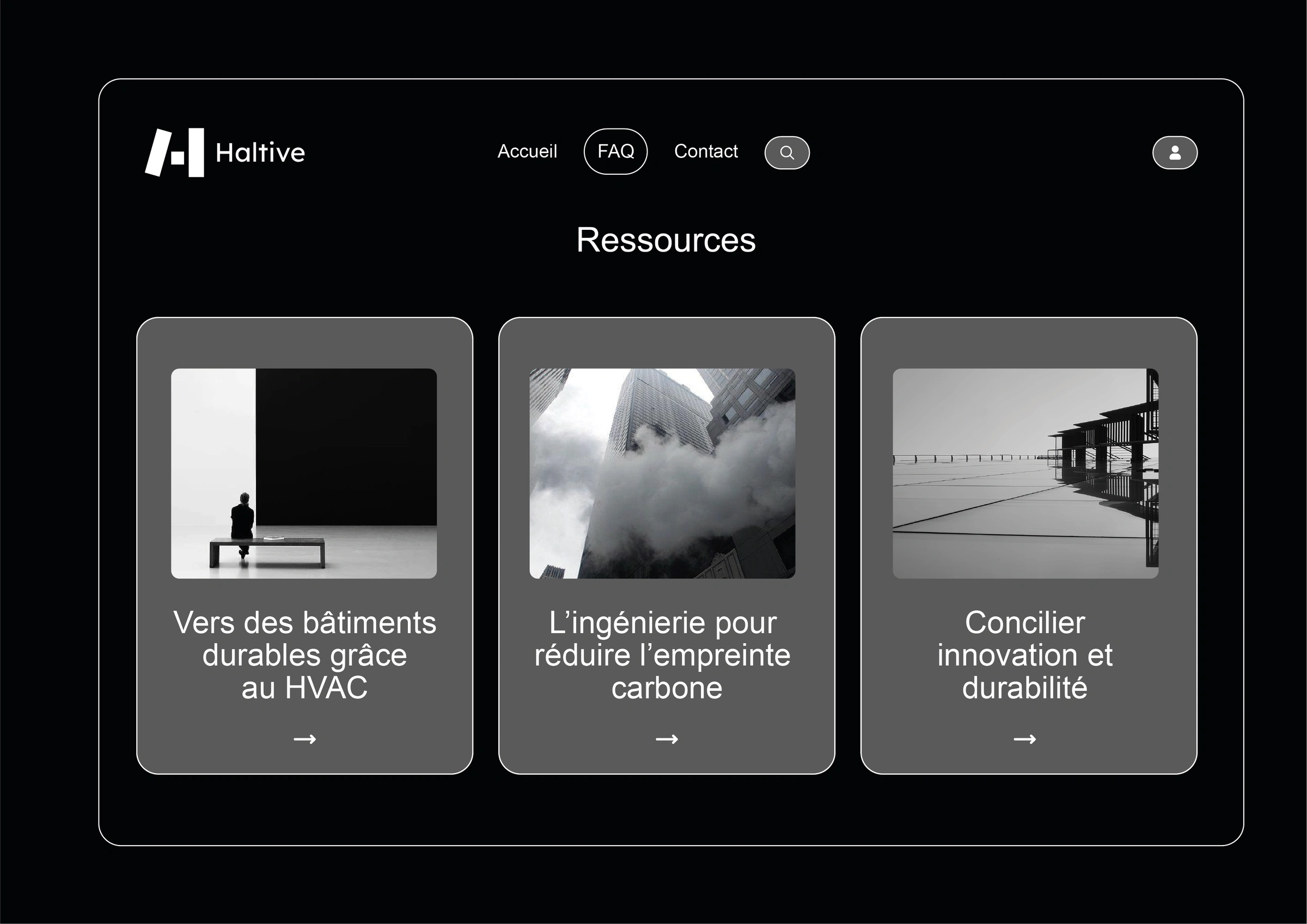 Page de ressources Haltive : articles sur les bâtiments durables, l’empreinte carbone et l’innovation.