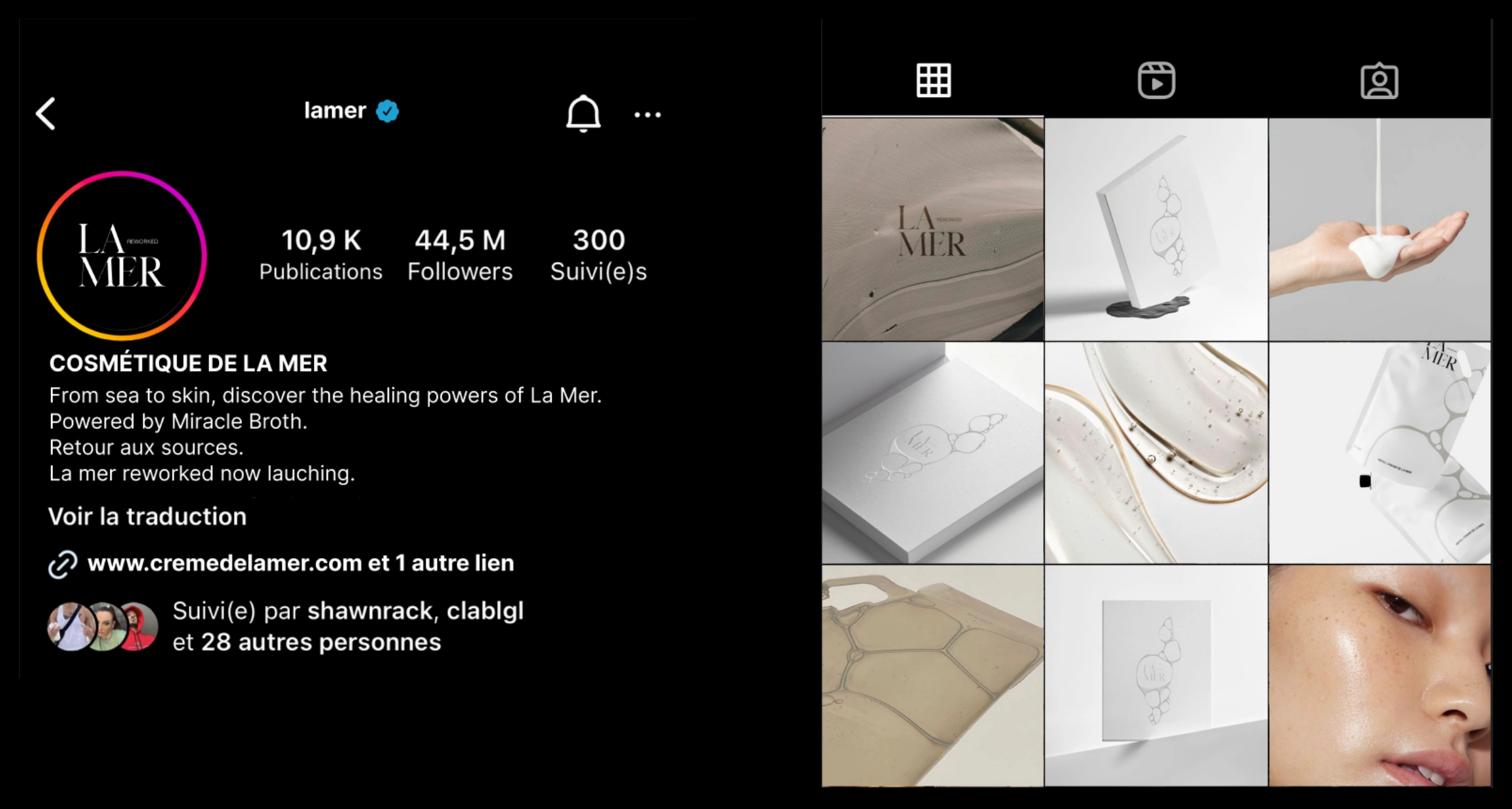 Proposition de profil et de grille Instagram pour La Mer Reworked, avec les packagings et textures de la collection.