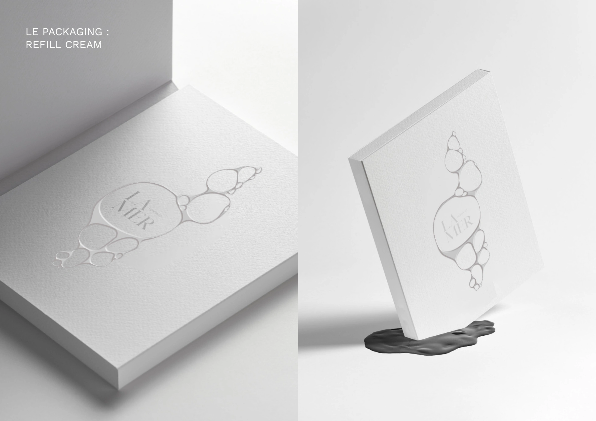 Deux vues du packaging La Mer Reworked, avec motif embossé et étui blanc.