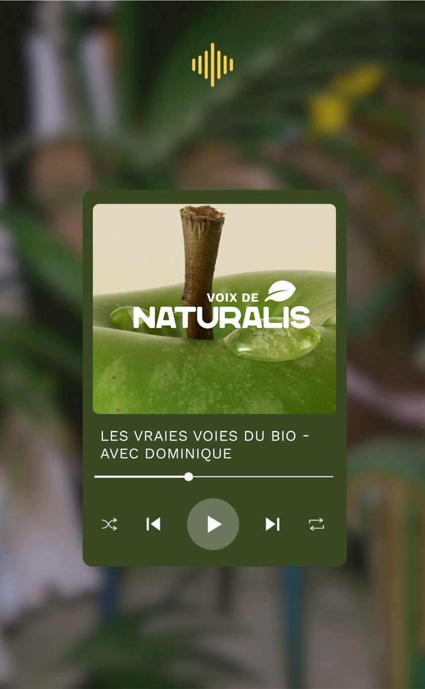 Déclinaison du podcast « Voix de Naturalis », lecteur audio dans une composition végétale.